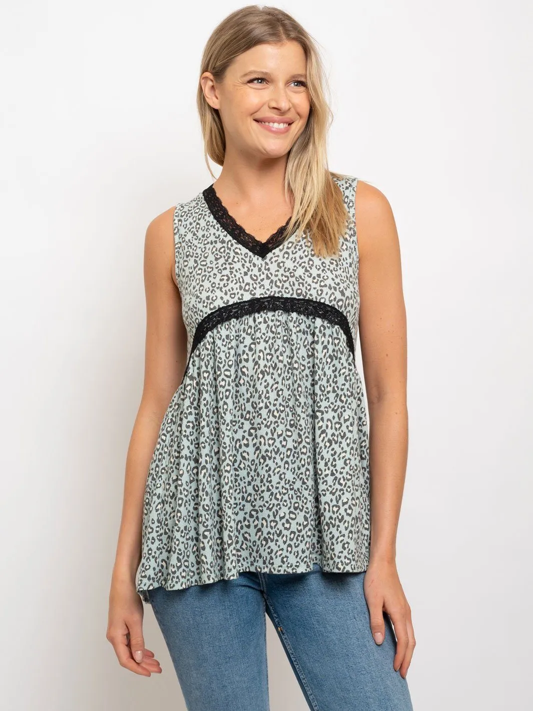 WOMEN'S LACE TRIM LEOPARD V-NECK SLEEVELESS TOP