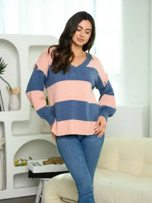 WOMEN'S LONG BALLOON SLEEVE V-NECK COLOR BLOCK SWEATER