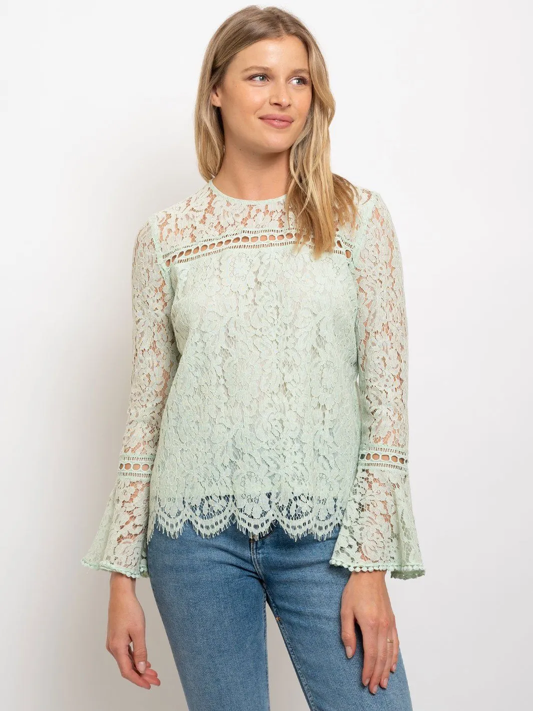 WOMEN'S LONG BELL SLEEVE ALL OVER LACE BLOUSE