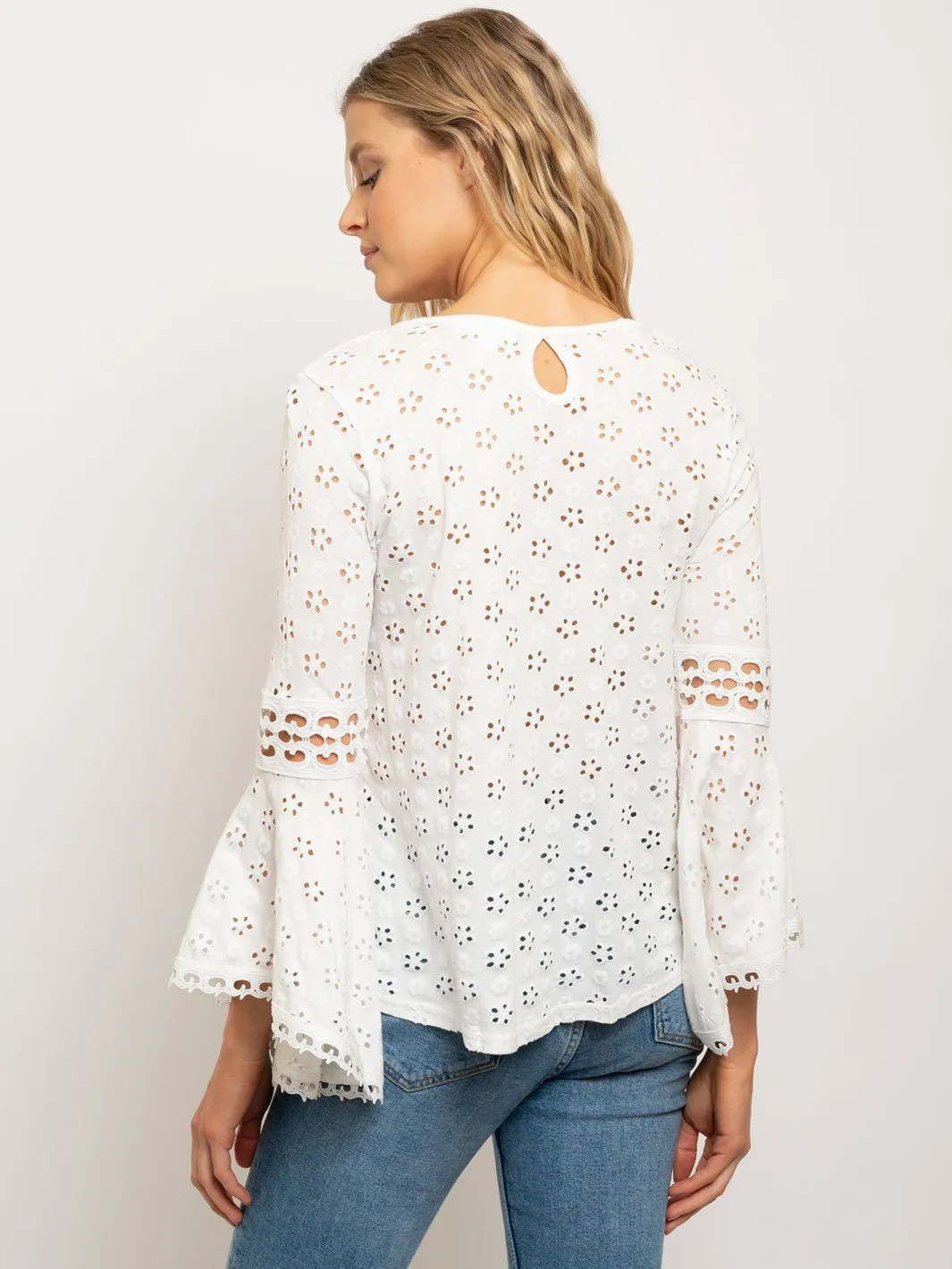 WOMEN'S LONG BELL SLEEVE EYELET TOP