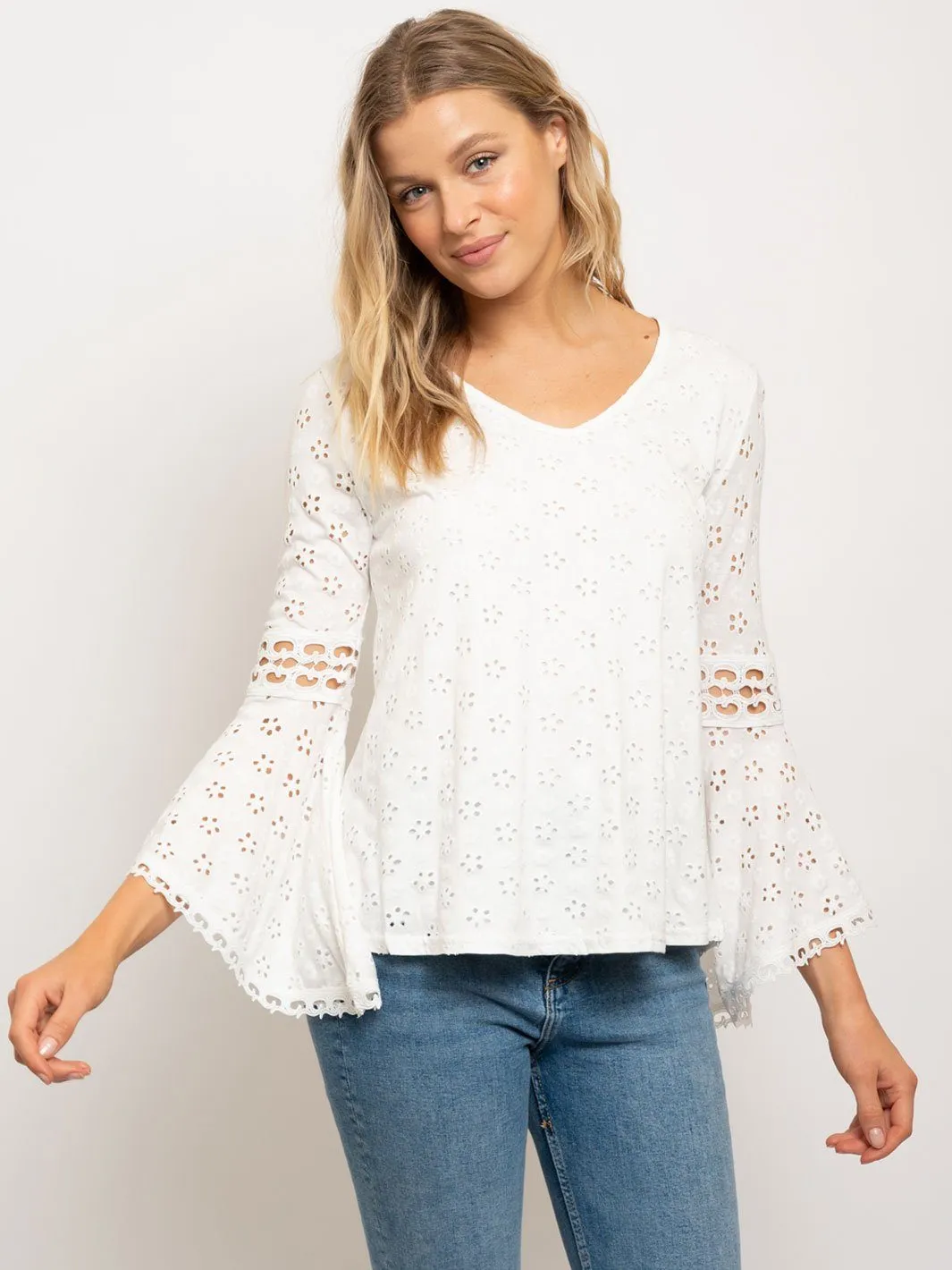 WOMEN'S LONG BELL SLEEVE EYELET TOP
