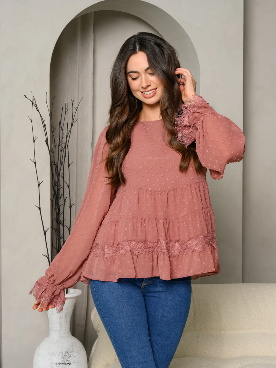 WOMEN'S LONG SLEEVE LACE DTEAILED SWISS DOT BLOUSE TOP