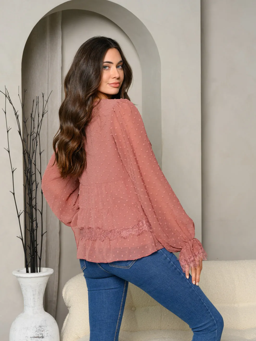 WOMEN'S LONG SLEEVE LACE DTEAILED SWISS DOT BLOUSE TOP