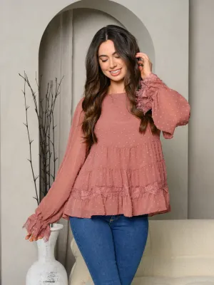 WOMEN'S LONG SLEEVE LACE DTEAILED SWISS DOT BLOUSE TOP