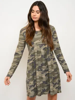 WOMEN'S LONG SLEEVE POCKETS CAMO PRINT MINI DRESS