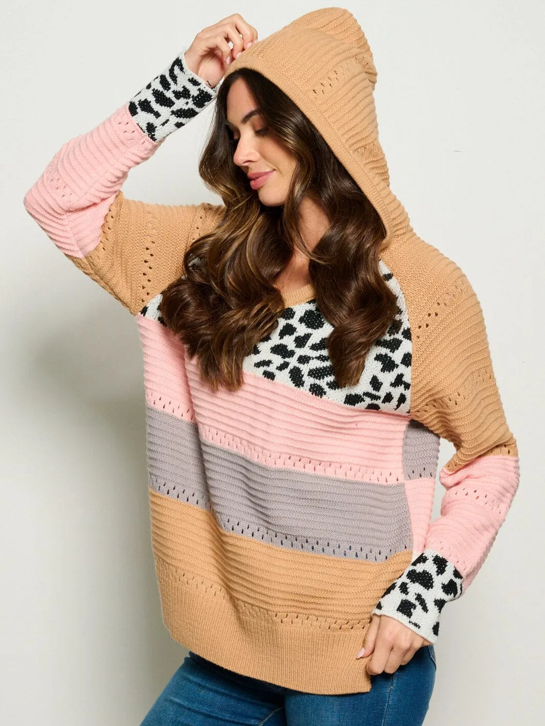 WOMEN'S LONG SLEEVE V-NECK HOODED COLORBLOCK ANIMAL PRINT SWEATER