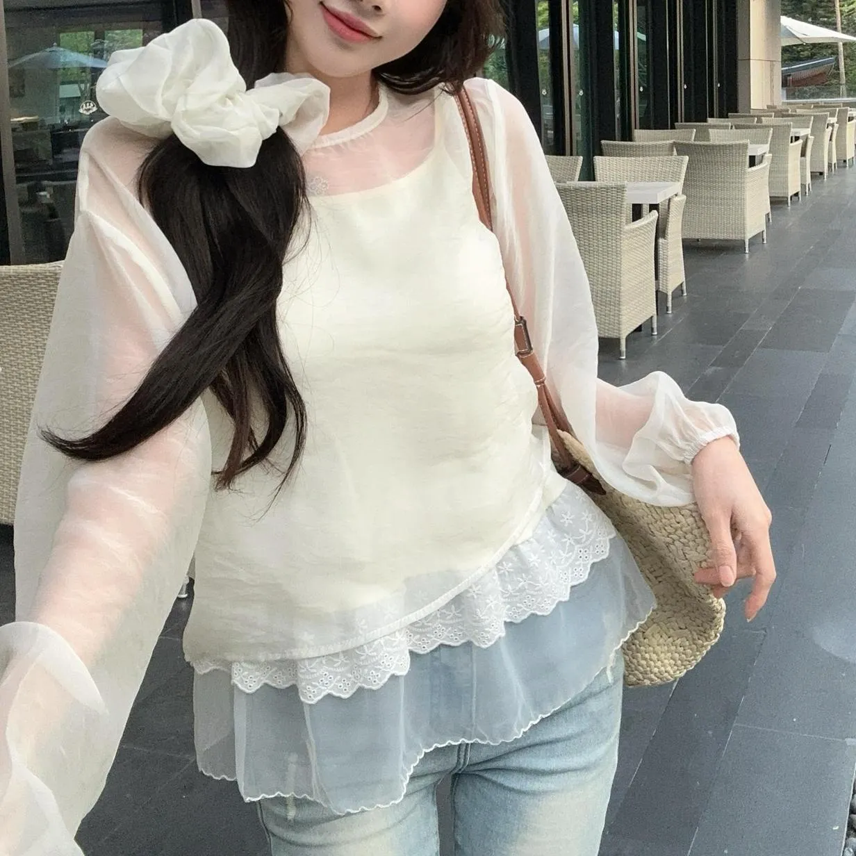 Women's Mesh Blouse with Lace Trim for Summer Styling