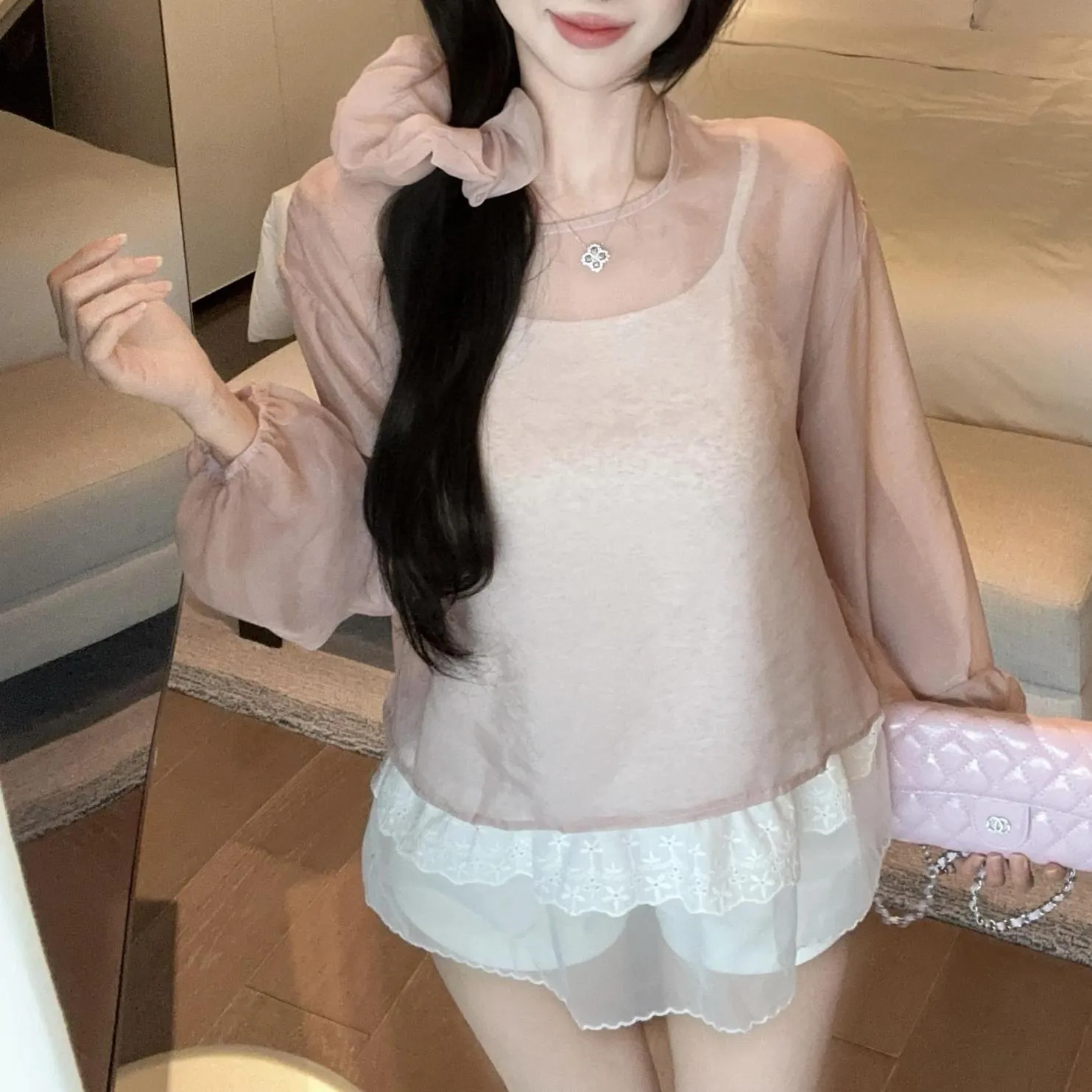 Women's Mesh Blouse with Lace Trim for Summer Styling