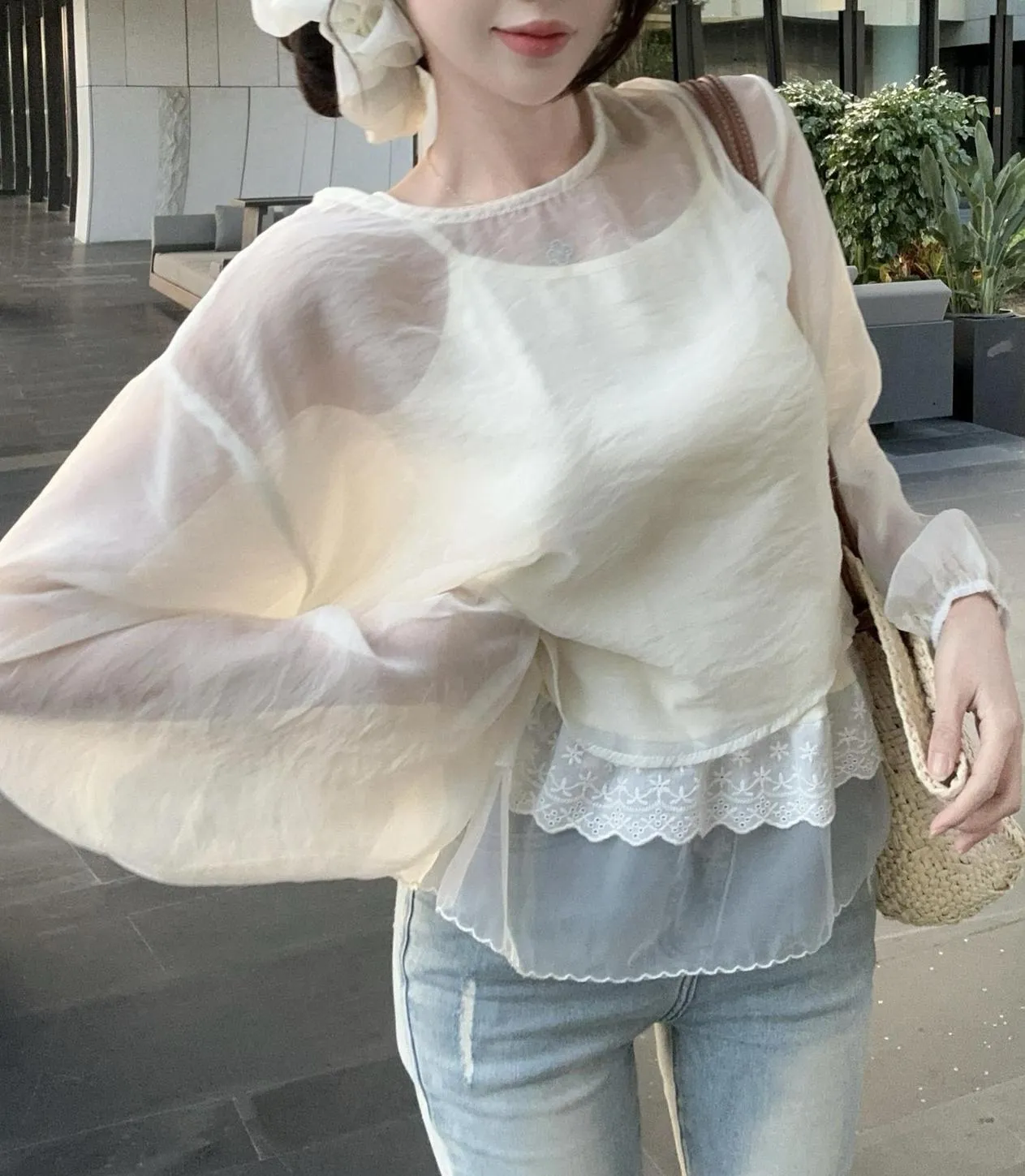 Women's Mesh Blouse with Lace Trim for Summer Styling
