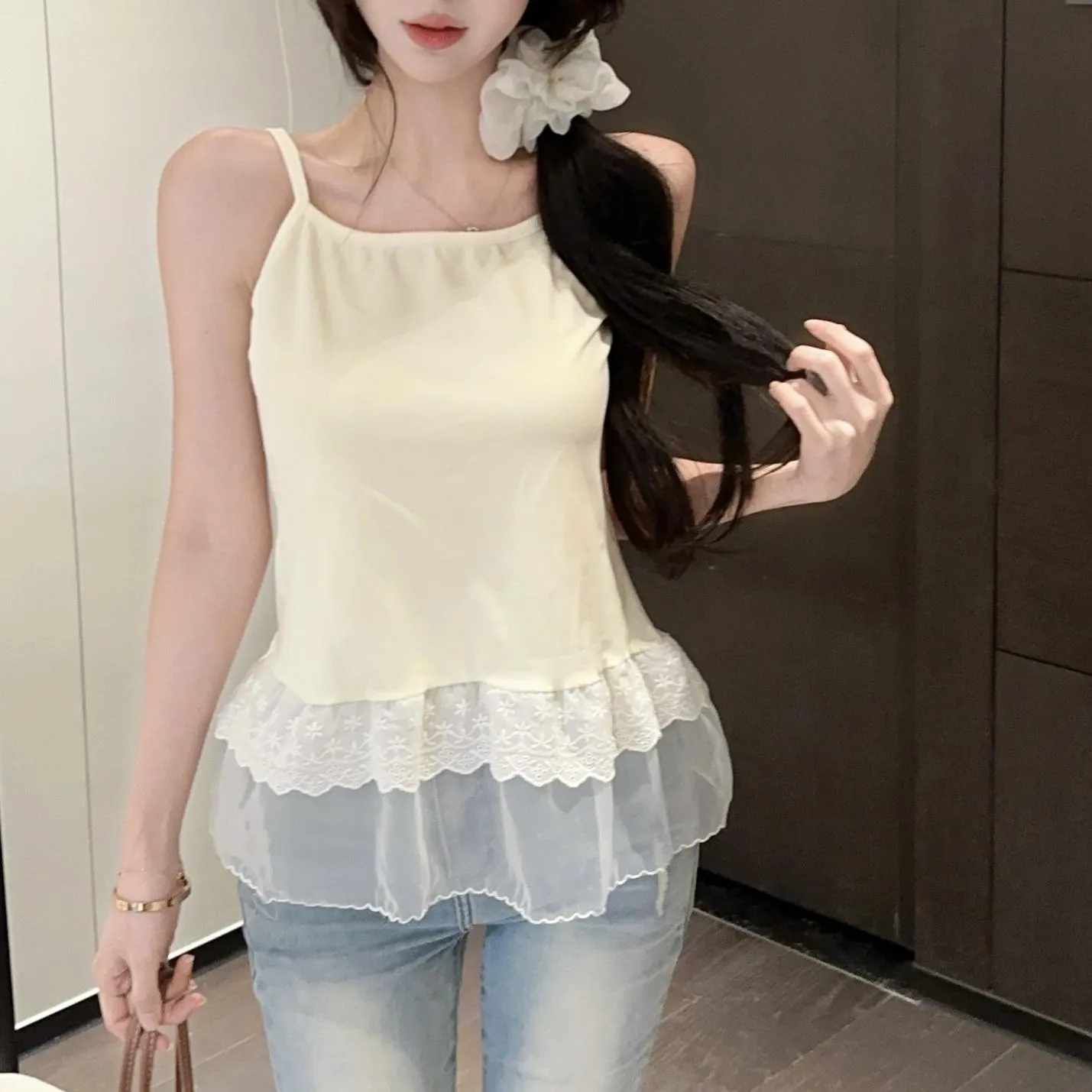 Women's Mesh Blouse with Lace Trim for Summer Styling