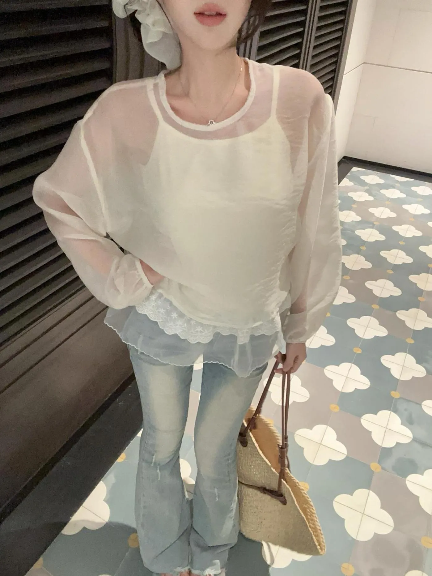 Women's Mesh Blouse with Lace Trim for Summer Styling