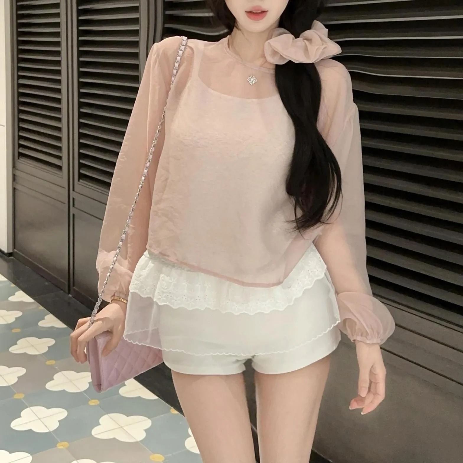 Women's Mesh Blouse with Lace Trim for Summer Styling