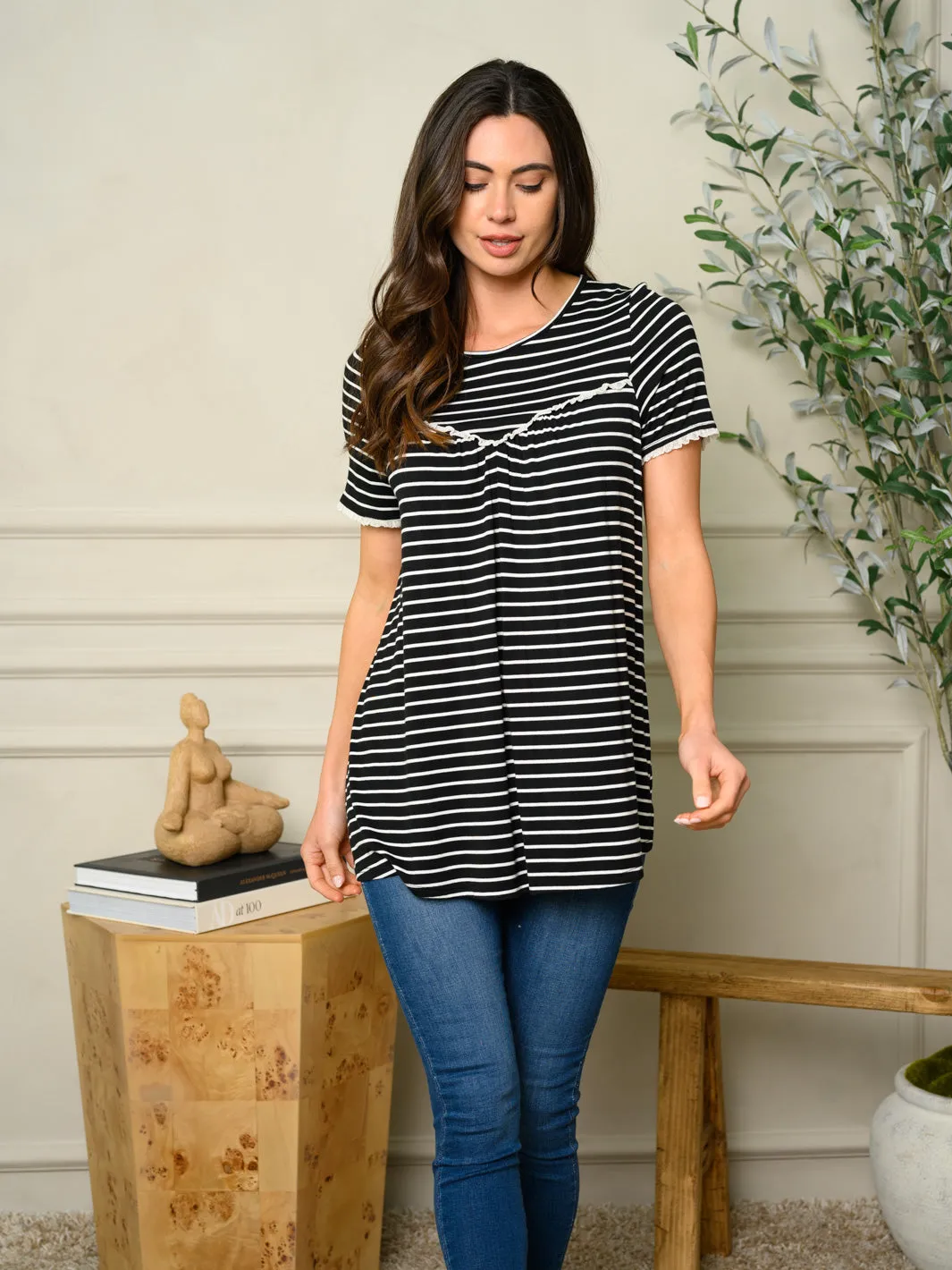 WOMEN'S PIN STRIPE SHORT SLEEVE ELASTIC RUFFLE LACE TOP