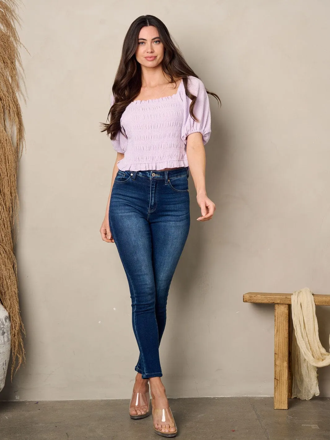WOMEN'S SHORT PUFF SLEEVE OPEN BACK LACE UP TOP