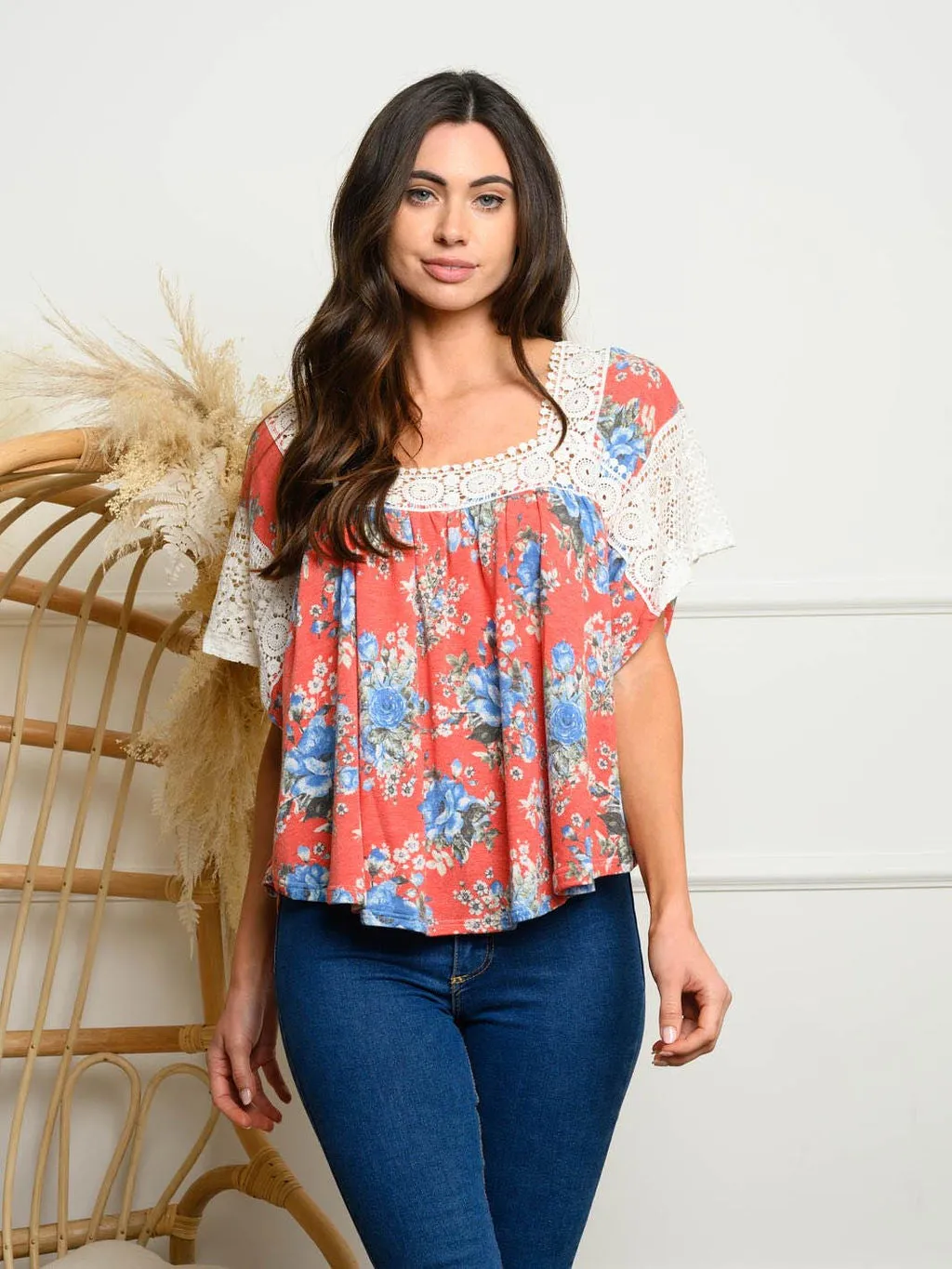 WOMEN'S SHORT SLEEVE FLORAL TUNIC TOP