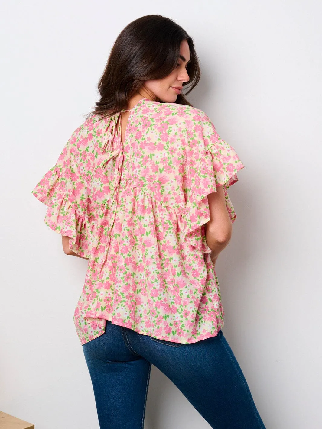 WOMEN'S SHORT SLEEVE V-NECK LACE UP BACK FLORAL TUNIC TOP