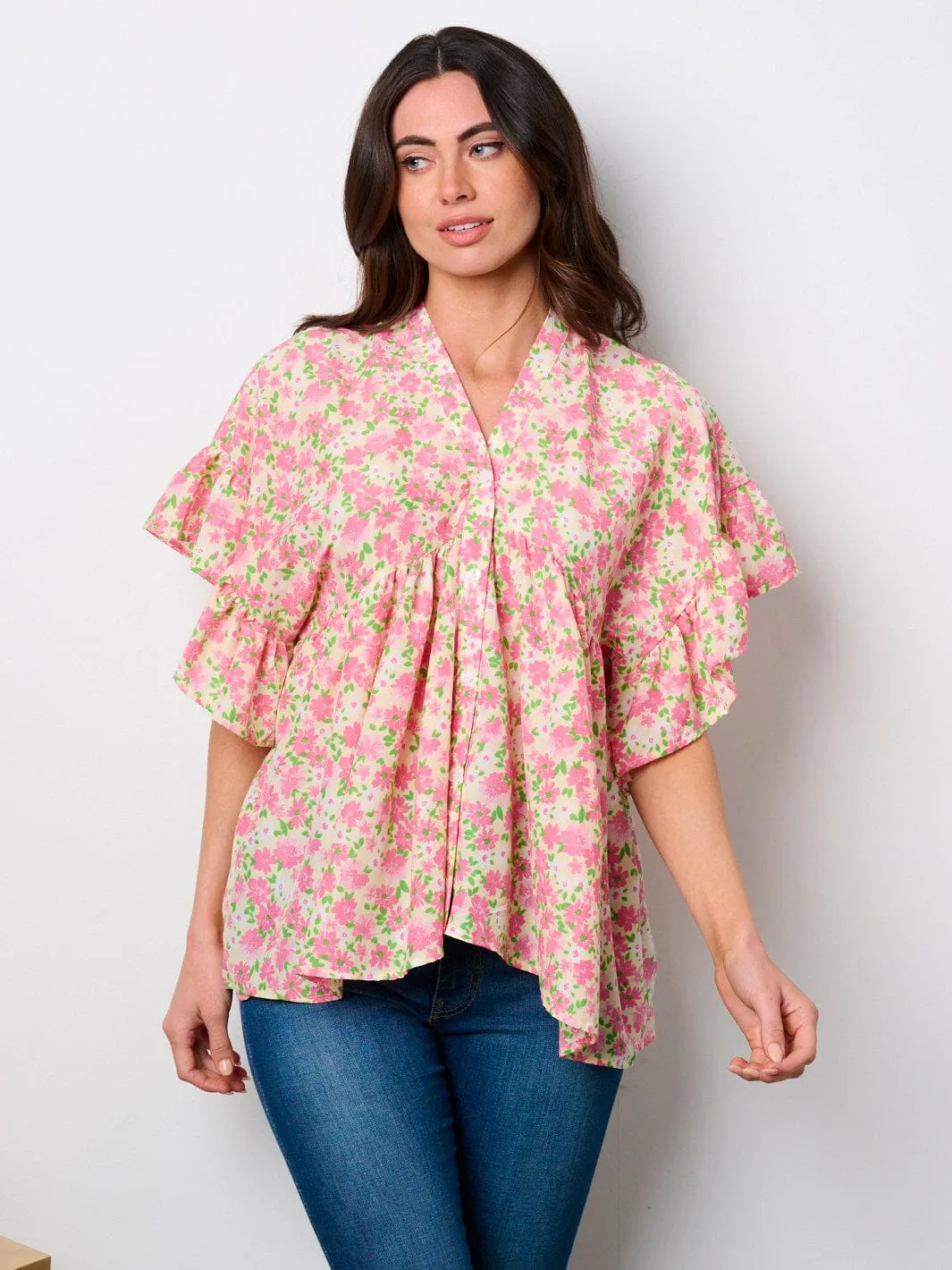 WOMEN'S SHORT SLEEVE V-NECK LACE UP BACK FLORAL TUNIC TOP