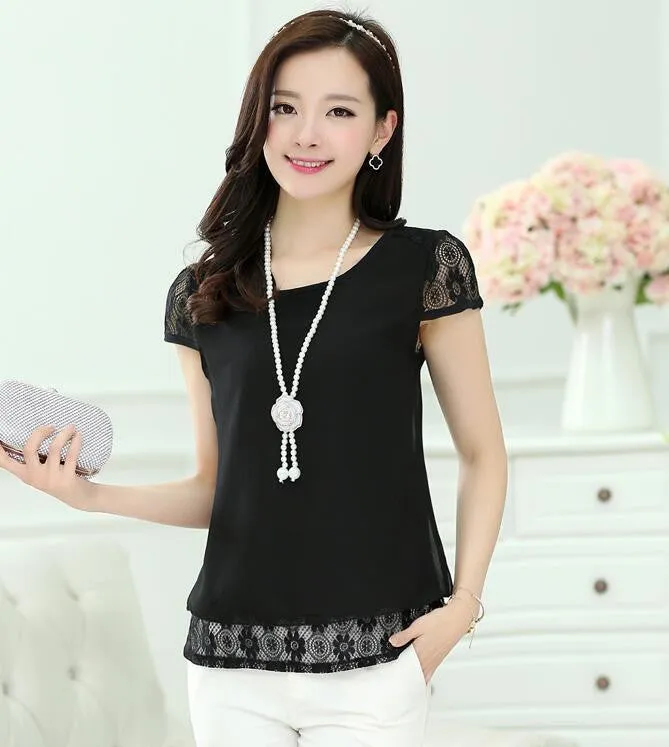 Women's Tops White Tees Crochet Lace Floral Shoulder Short Sleeve Loose Chiffon Blouses Female Shirts