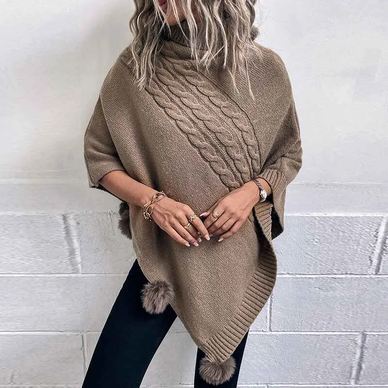 Women's-Turtleneck Poncho Sweater Cape Knit Pullover Solid Sweaters K440