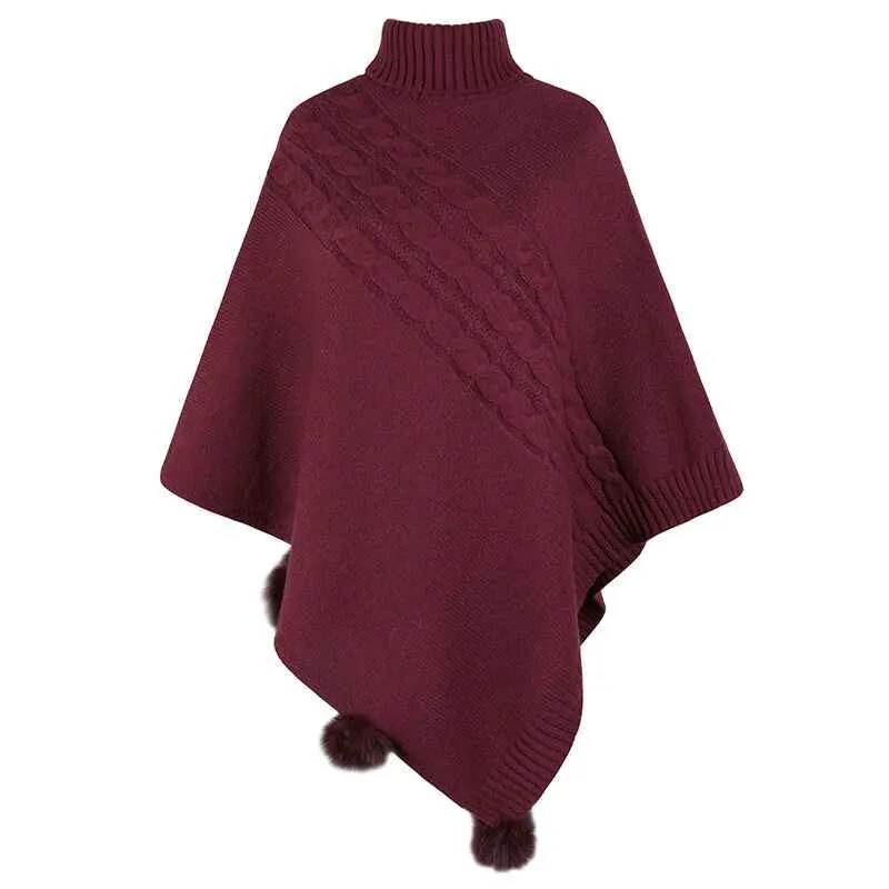 Women's-Turtleneck Poncho Sweater Cape Knit Pullover Solid Sweaters K440