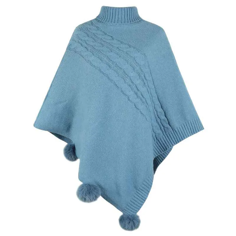Women's-Turtleneck Poncho Sweater Cape Knit Pullover Solid Sweaters K440