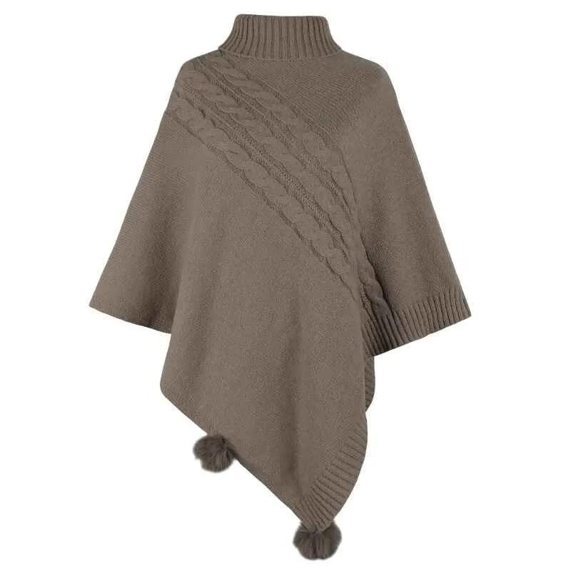 Women's-Turtleneck Poncho Sweater Cape Knit Pullover Solid Sweaters K440