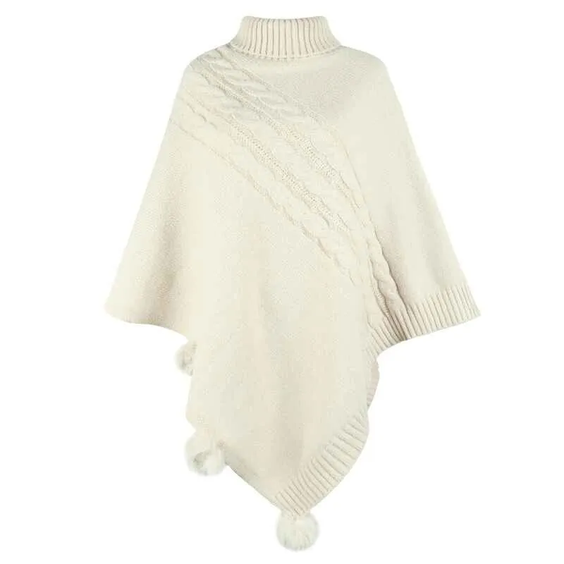 Women's-Turtleneck Poncho Sweater Cape Knit Pullover Solid Sweaters K440