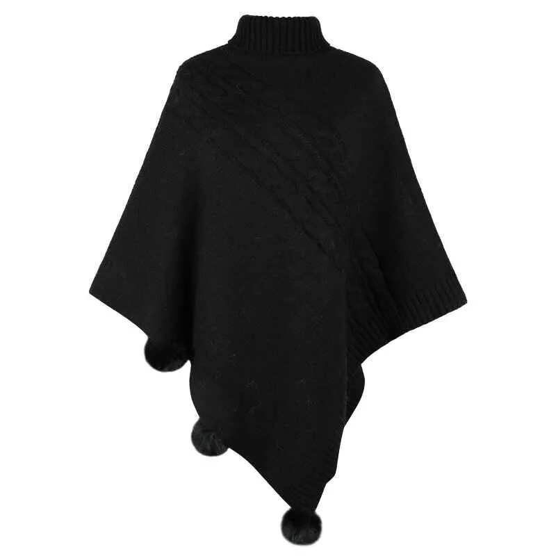Women's-Turtleneck Poncho Sweater Cape Knit Pullover Solid Sweaters K440