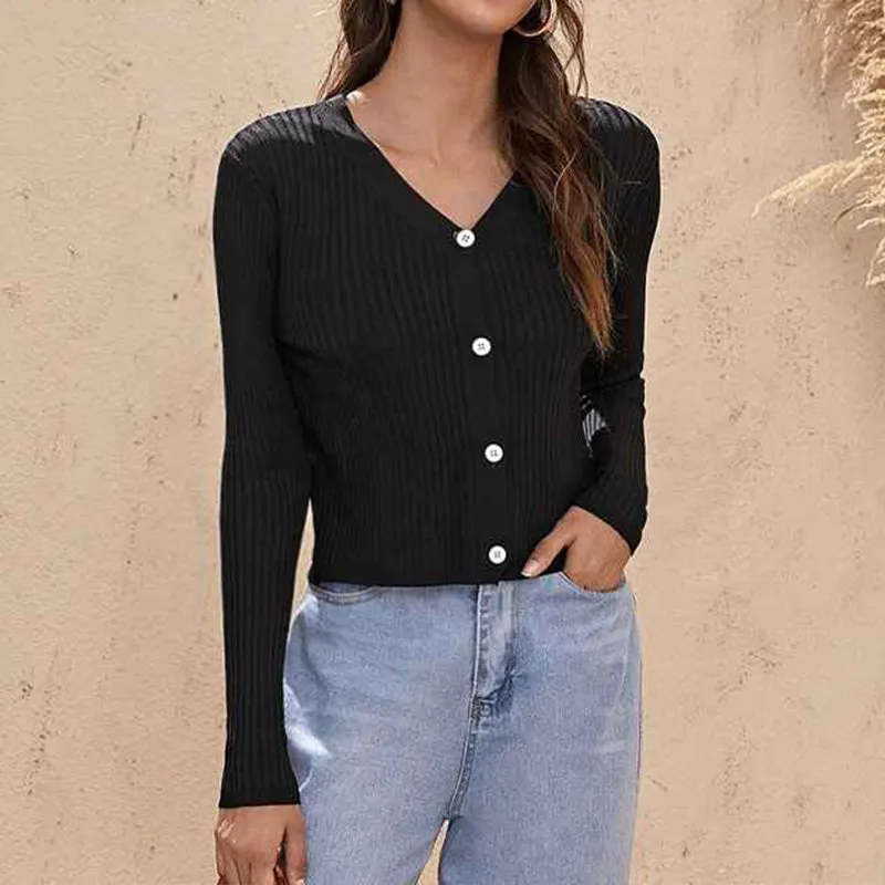 Women's V-Neck Round Neck Long Sleeve Button Down Classic Knit Cardigan Sweater K343