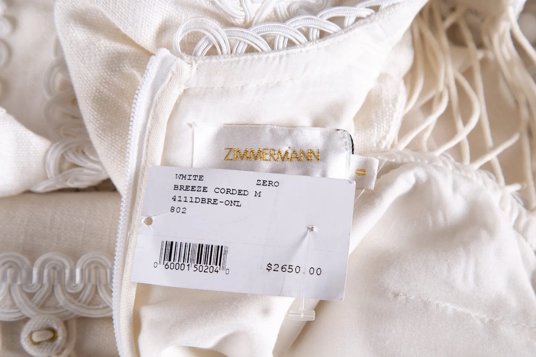 Zimmermann Cream Long Sleeve Mini Breeze Corded Dress SZ 0 NWT